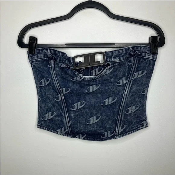 ❌SOLD❌ Jaded London Denim Monogram Strapless Buckle Logo Hardware Corset Top - Picture 4 of 7